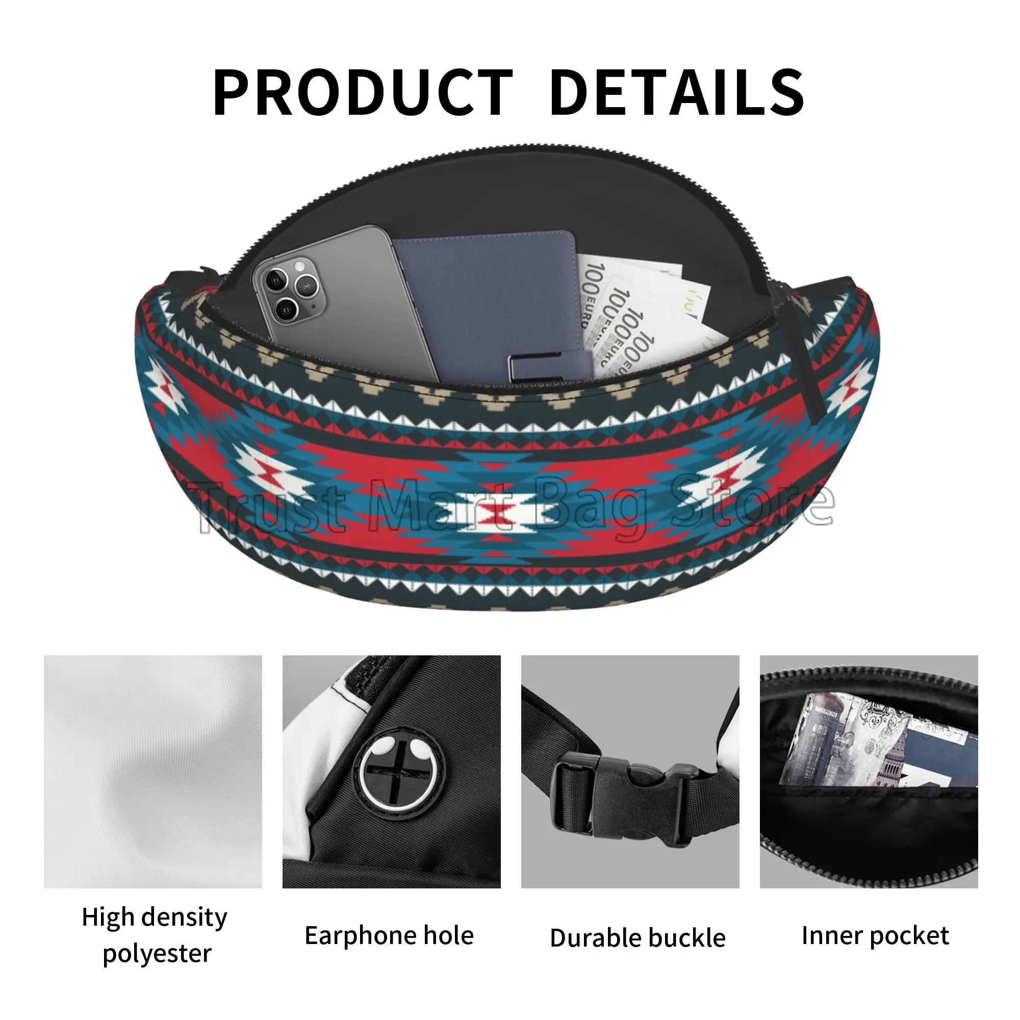 Padrão geométrico étnico asteca Fanny Pack para homens e mulheres, bolsa de cintura casual para corrida, caminhada, ciclismo, esportes, viagem