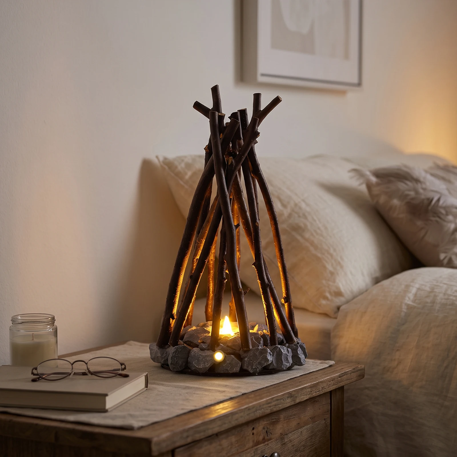 Desktop Ambient Night Light Natural Branch Campfire Lamp LED Warm Light USB Sound Sleep Mode Room Decor