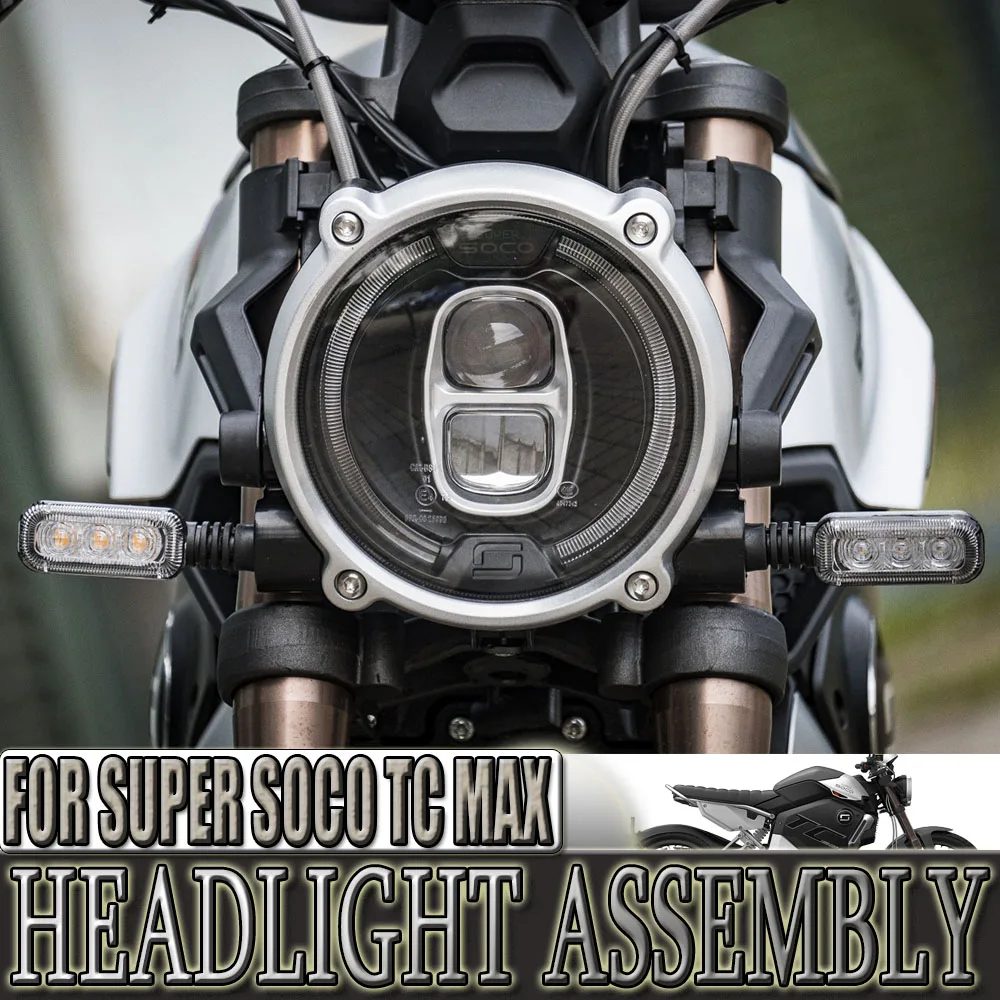 Round LED Headlight Assembly with Turn Signals Kit For Super Soco TC Max TCMAX VMOTO, 12V Hi/Lo Beam DRL Cafe Racer Plug Play