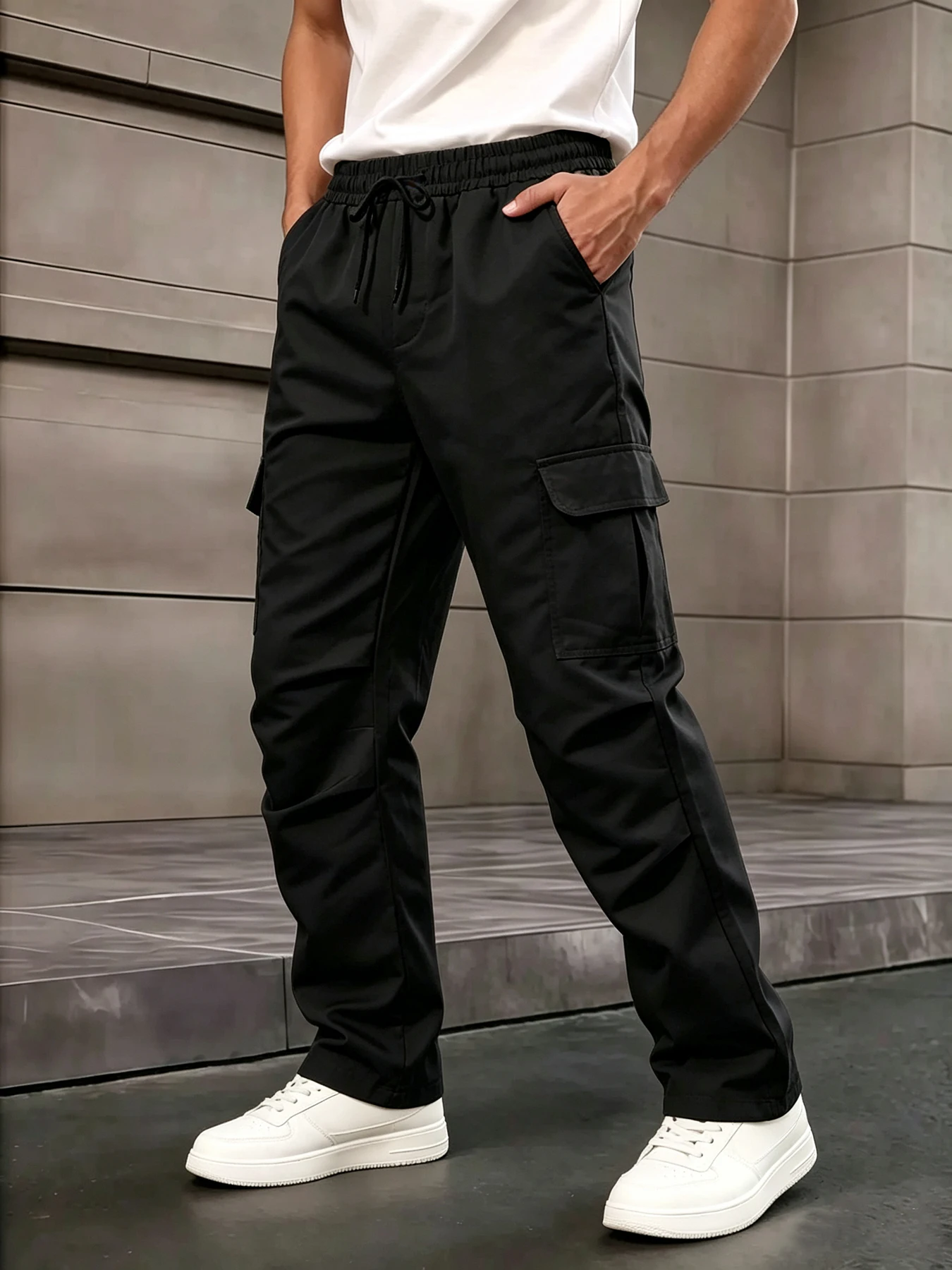 Men's large-capacity cargo pocket casual pants, American techwear style with elastic drawstring waist, drapey straight cut elong