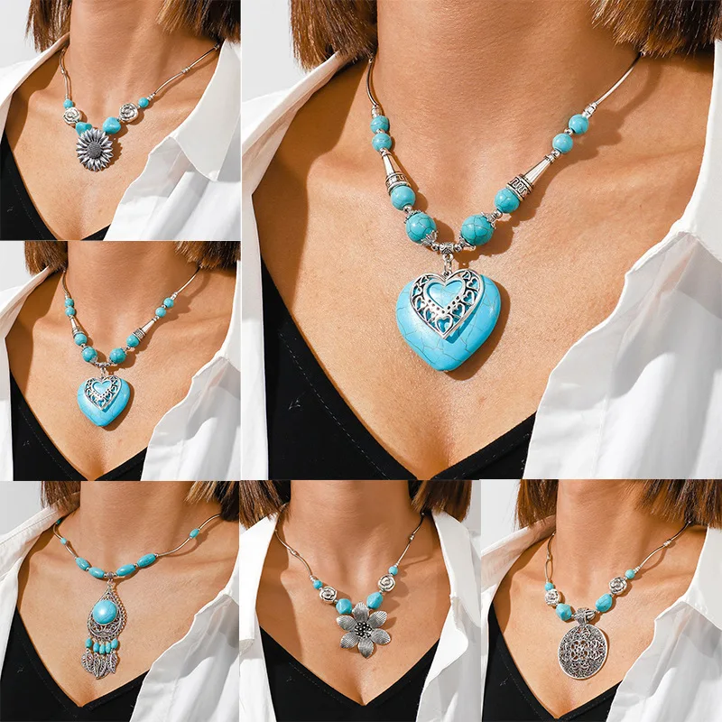 1Pcs Hot Selling Multi Style Bohemian Ethnic Style Heart-Shaped Peach Heart Turquoise Pendant with Personalized Accessories