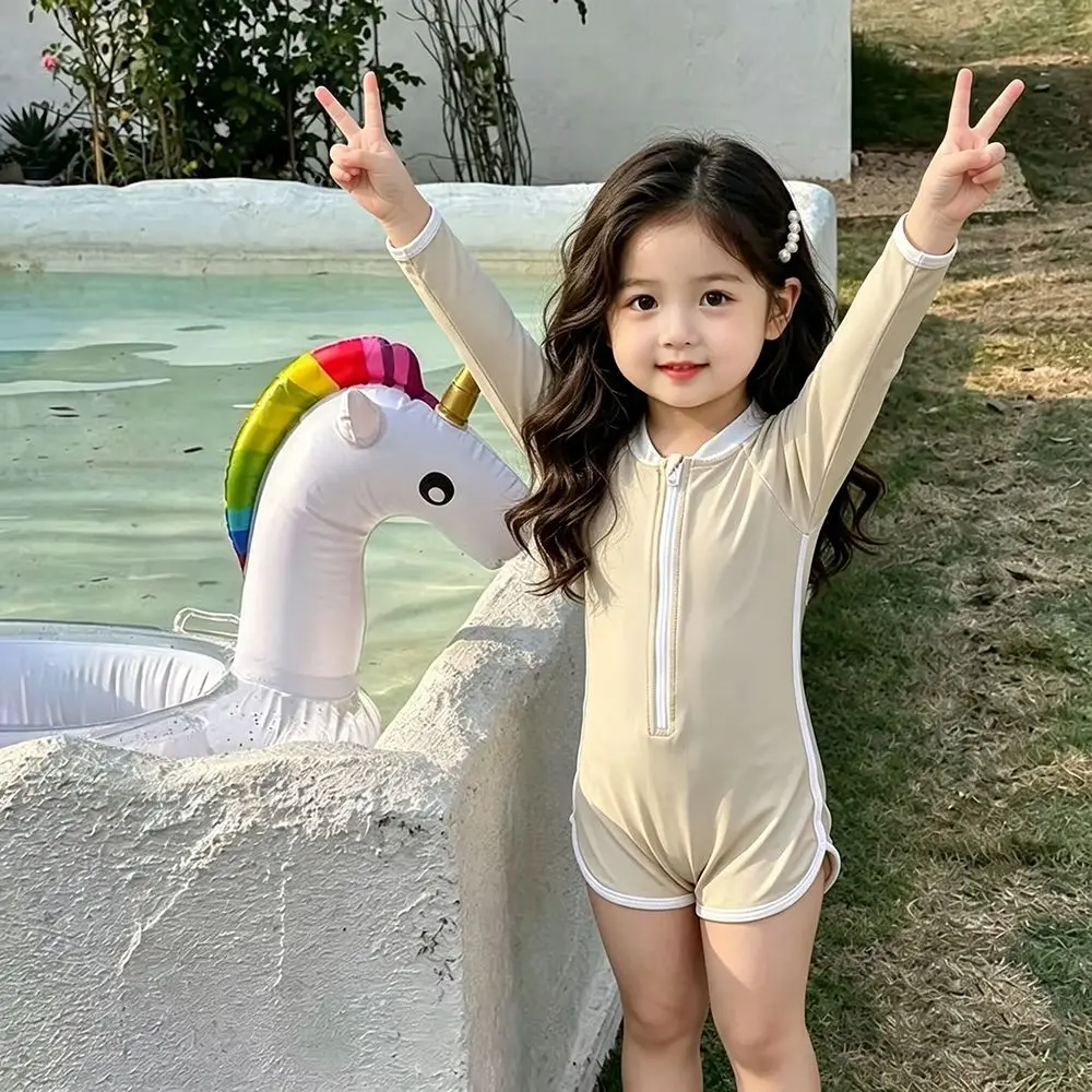 Kids Swimsuit New Summer Sun Protection Long Sleeve Girls Quick Dry One Piece Swimsuit Toddler Baby Vacation Swimwear