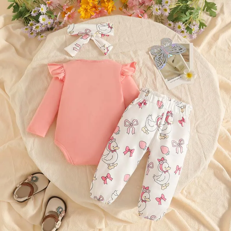 Newborn Baby Clothing 3Pcs Set Long Sleeves Letter Jumpsuit Elastic Waist Duck Bow Print Pants Headband Autumn Baby Girl Outfits