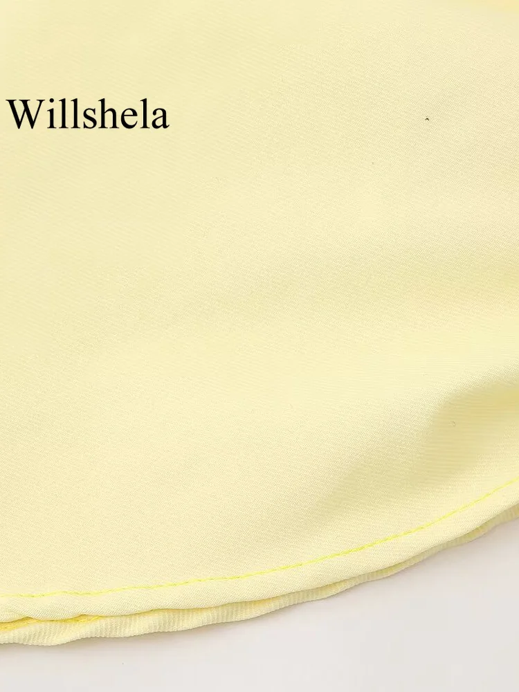 Willshela Women Fashion Yellow Pleated Bandage Asymmetrical Tops Vintage Backless One Shoulder Female Chic Lady Tops