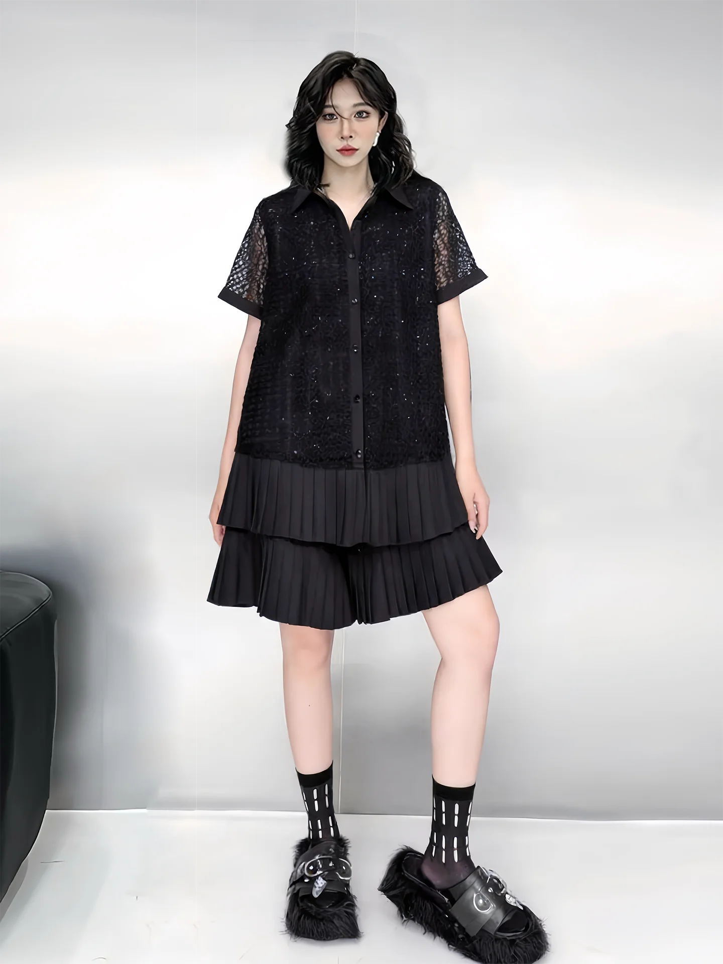 Elegant Fashion Set with Pleated Splice Sequin Short Sleeve Shirt And Slimming Shorts High Waist Short Pants Anti-Wrinkle Sum...
