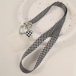 Mobile Phone Lanyard Black and White Checkered Long Diagonal Shoulder Strap Neck Strap Love Buckle Pendant Anti Loss Lanyard