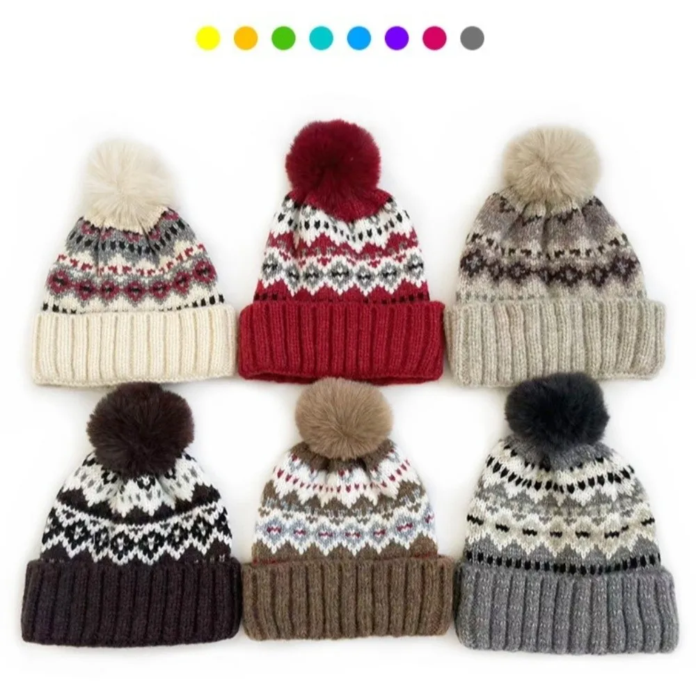 Solid Color Knitted Winter Hat Color Contrasting Soft Knitted Casual Beanies Cold Resistant Retro Jacquard Warm Knitted Hat