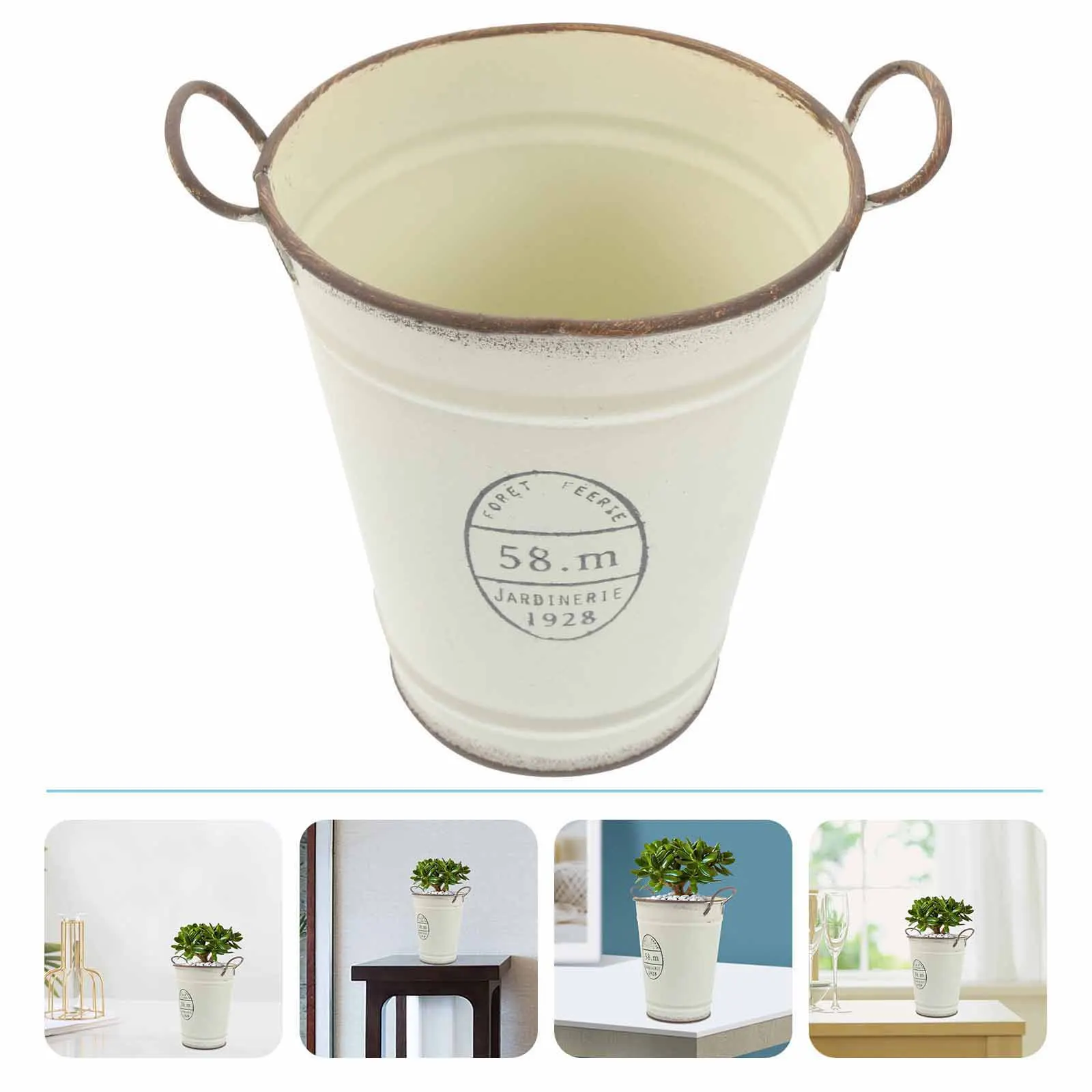 

Round Iron Sheet Flowerpot Bucket Retro Planter Planting Pot Handles Balcony Indoor Gardening Decor Modern Style Long Life