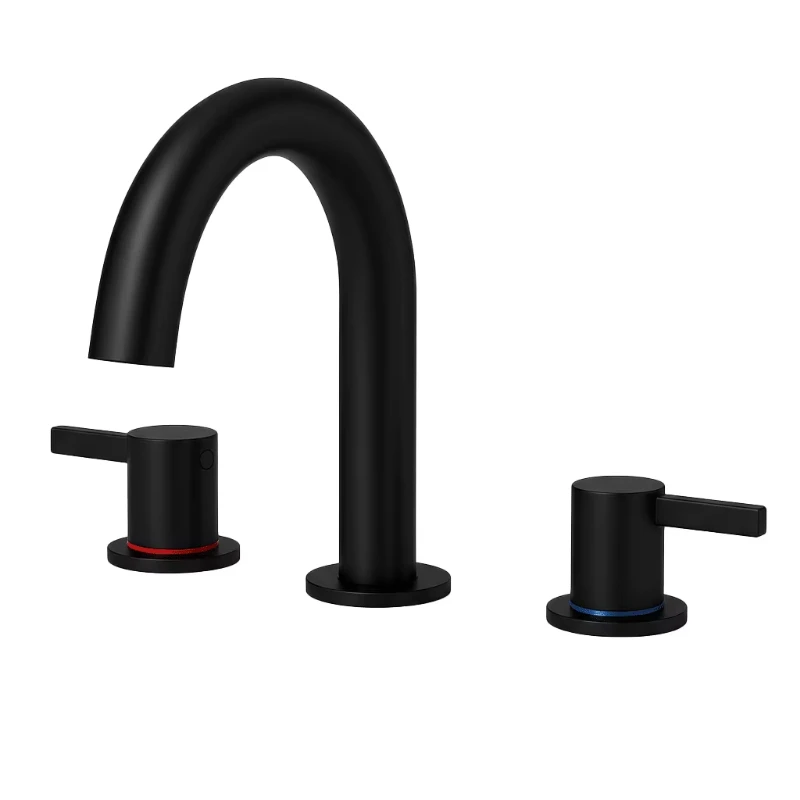 Modern 8-inch 3-hole 360-degree rotary nozzle matte black wide basin faucet with 2 handles and pop-up drain
