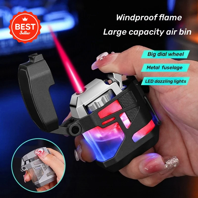 LED Cool Fashion Lantern Inflatable Lighter Mechanical Windproof Red Flame Ignition Rotating Wheel Lighter Men's Smoking Gift - Detail 1