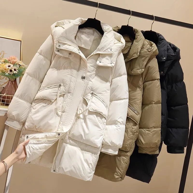 Parkas Women Mid Length Coats Hooded Zipper Jackets Thick Warm Y2k Streetwear Elegant Jacket Work Casual Loose Autumn Winter