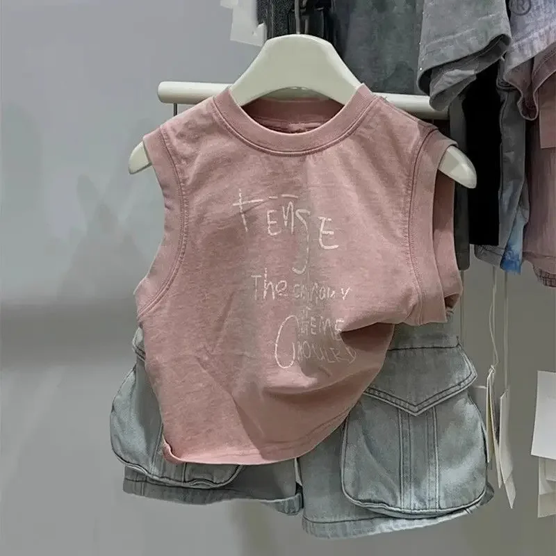 

2026 New Summer Children's Two-Piece Set for Boys Korean Style Handsome Vest T-Shirt And Denim Shorts Outfit