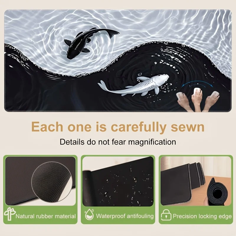 Tai Chi Koi patterned gaming mouse pad non-slip rubber base precision stitched edges waterproof rectangular desk mat office game
