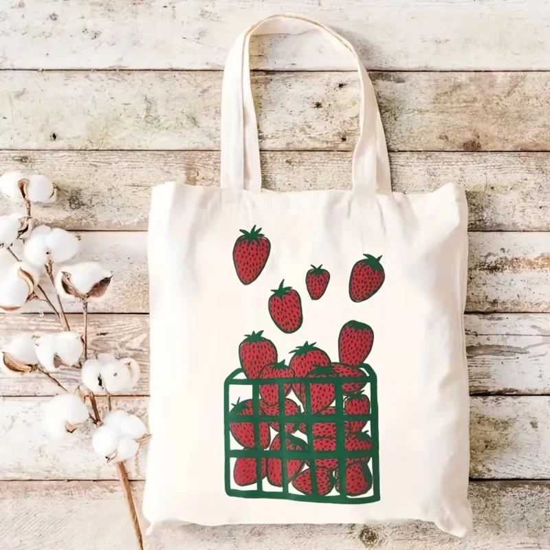 

Cute Strawberry Print Tote Bag for Women - White Casual Handbag with Strawberry Design, Machine Washable Perfect for Work,
