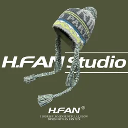 Pulóver Jacquard versión coreana con letras, sombrero de bombardero de punto con cordones, protección cálida para los oídos, nicho para exteriores, Otoño e Invierno