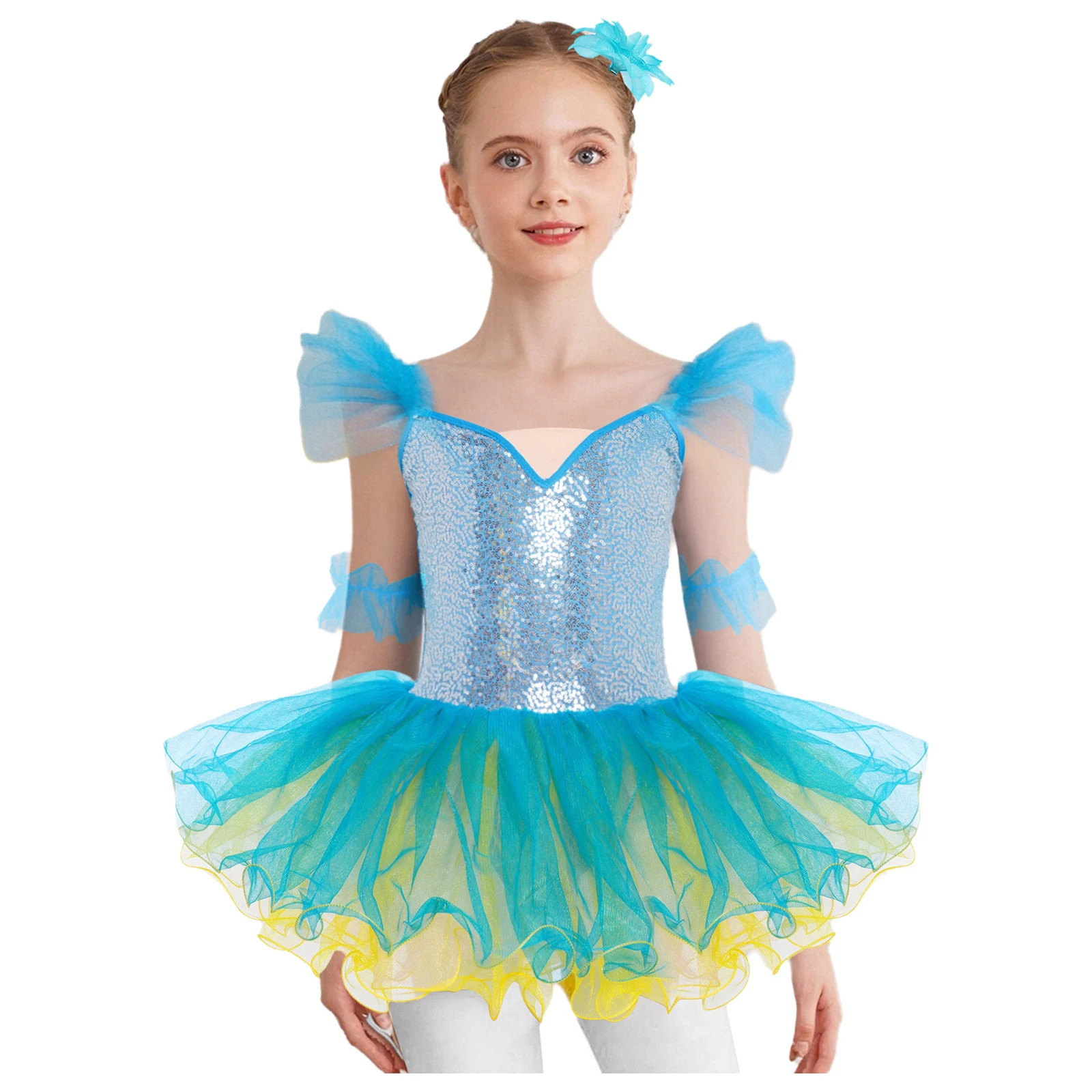 Girls Sequins Bodice Layered Tutu Dress Ballet Dance Performance Dress Ruffled Sleeves Costume Headgear Cuffs Accessories Set
