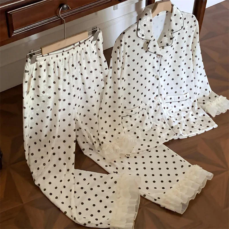

Autumn Winter Warm Velvet Home Clothes Velour Sleepwear Pijama Mujer Luxury Dot Print Pajamas Suit Lady Elegant Nightgown