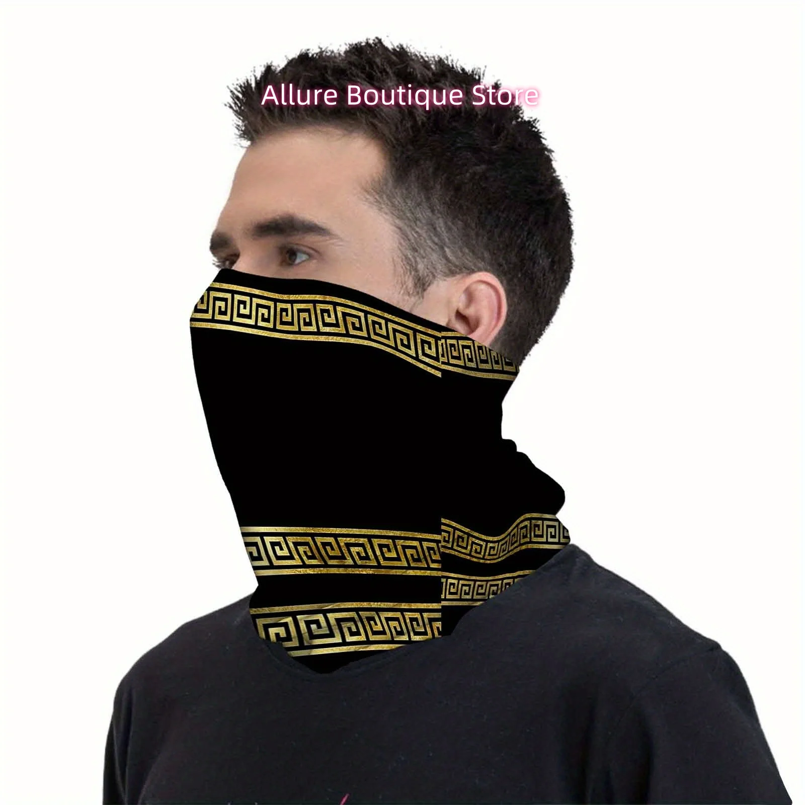 Golden Greek Key Pattern, Black Background, Vertical Design Print Scarf, Multi-Functional Mask And Neck Mask, Suitable for Outdo view 5
