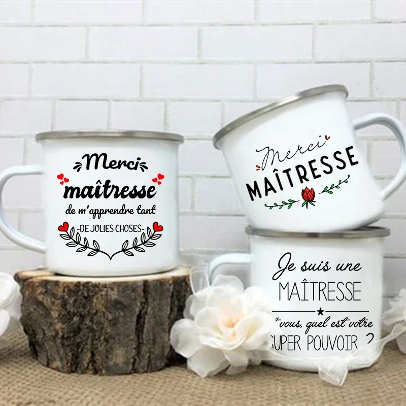 Creative Coffee Cups Merci Maîtresse Print Mugs Drinks Water Milk Cup Enamel Mug School Home Handle Drinkware Gift for Maîtresse