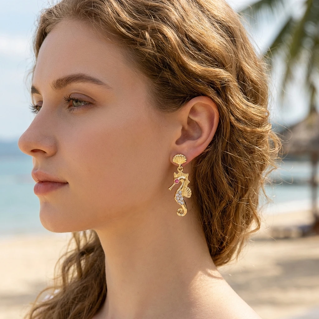 Großhandel Böhmische Emaille-Ohrringe mit Krabben-, Seepferdchen-, Schildkröten- und Fischmotiven, Günstige Hängeohrringe für Damen, Strandparty-Schmuck, Geschenk – Detail 6
