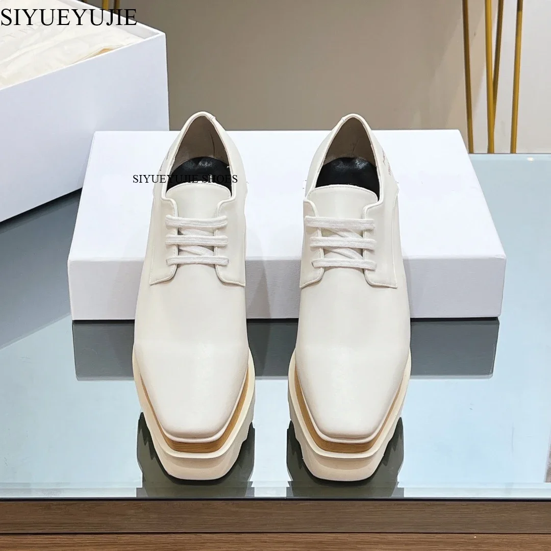British Genuine Leather Vintage Lace Up Star Embroidered Wedge Pumps Platform Shoes Woman Street Thick-Sole High Heels Shoes