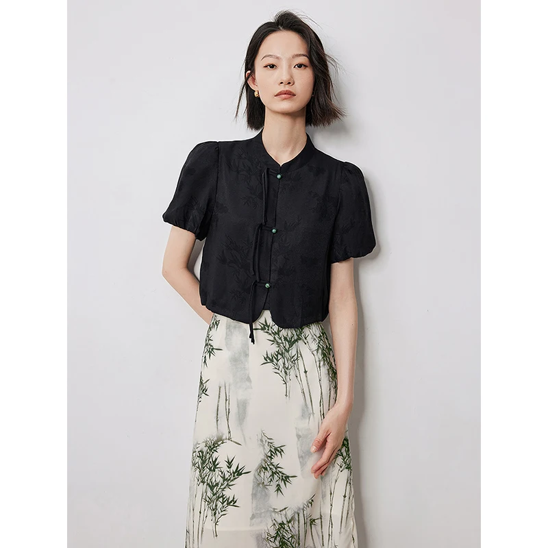 TOYOUTH Women Two Piece Sets 2024 Summer New Chinese Style Black Pullover Tops With Bamboo Printed Skirt Elegant Chinese Clothes