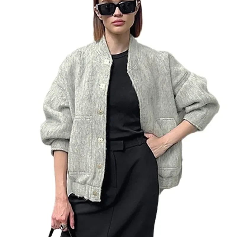 A Factory Outlet Fashion Korean Oversize Bomber Jacket Women Streetwear Zipper Baseball Gray Single-Breasted Outwear Coat