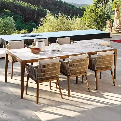 Modern Teak Outdoor Dining Table And Chair Set For Hotel & Garden Use Stackable Waterproof Cushions