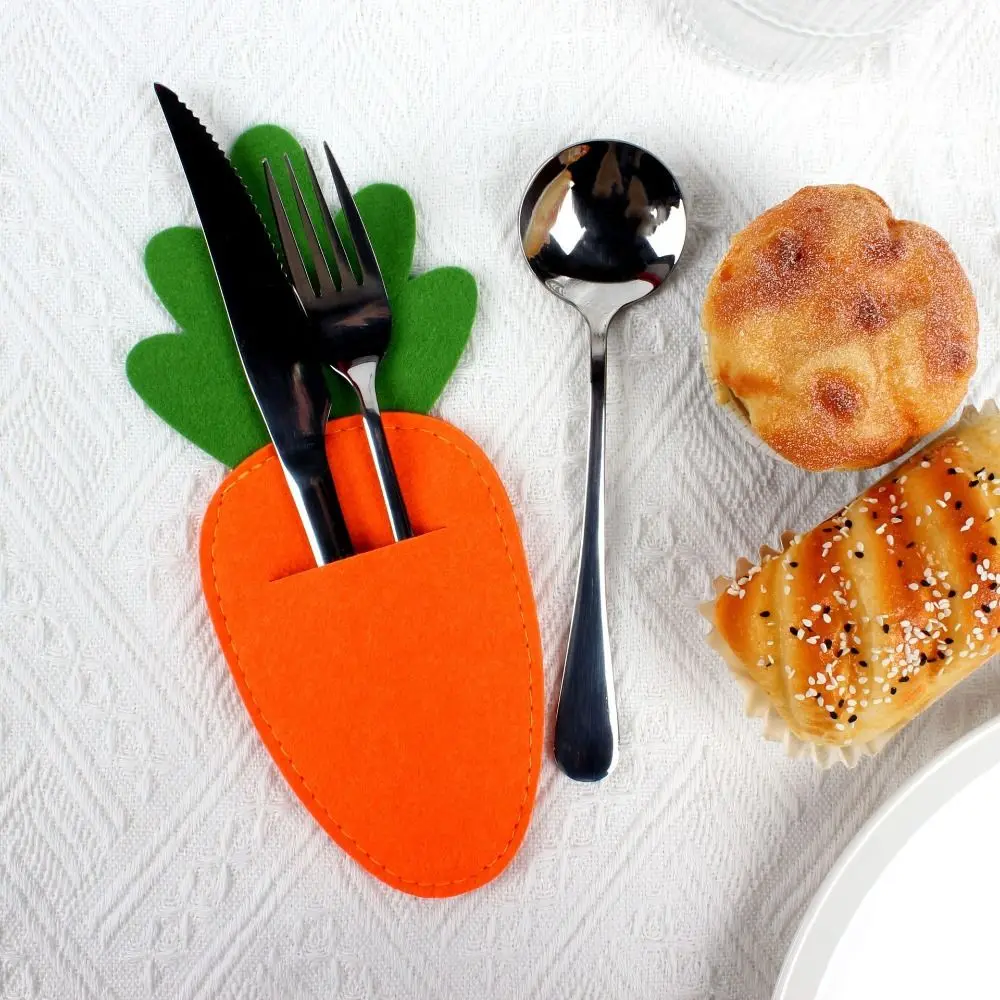 

5pcs Cute Easter Cutlery Holder Bags Felt Reusable Cutlery Storage Bags Carrot Shape Tableware Cover Home Decor