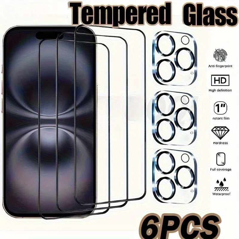 6 in 1 Tempered Glass Screen Protector With Camera Lens Films For iPhone 17 16 Pro Max 15 14 Plus 13 12 11 Pro Mini 17Air Glass