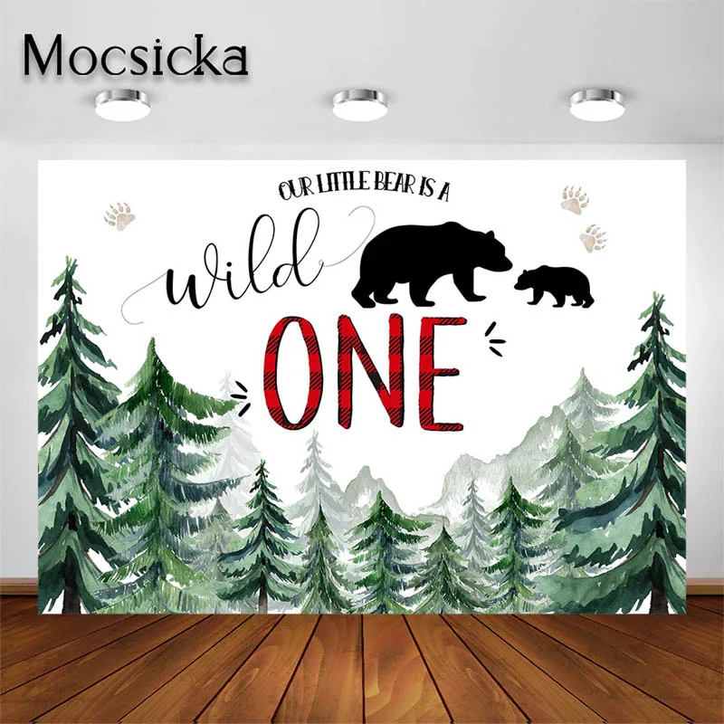 

Mocsicka Wild One Backdrop Baby Boys 1st Birthday Party Decorations Safari Jungle Bears Photoshoot Background Cake Table Banners