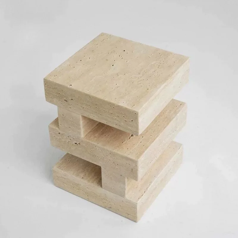 

Wabi-sabi Natural Travertine Side Table Nordic Light Luxury Designer Creative Geometric Shape Living Room Sofa Corner Table