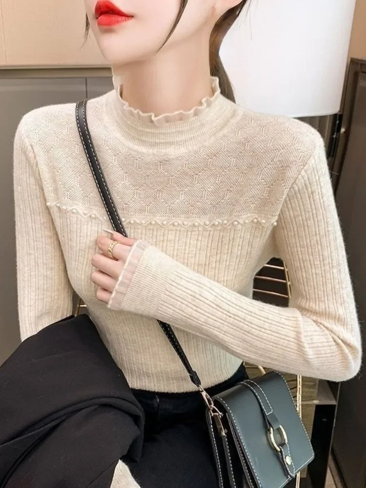 Fashion Autumn Half High Collar  Jumpers Female Long Sleeve Slim Women Basic Solid T-shirts Ladies Pearl Lace Knitted Pullovers