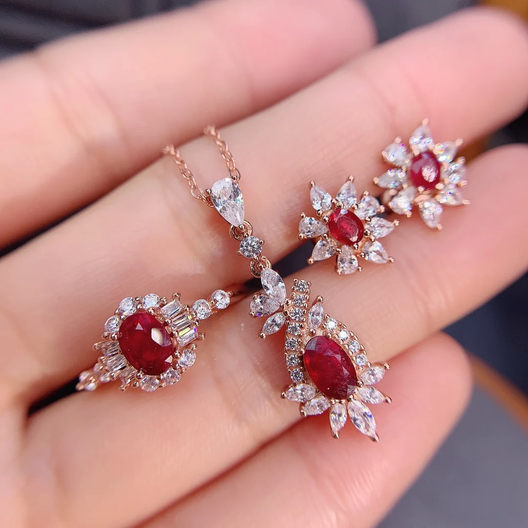 FS Natural Ruby Fine Jewelry Ring Earrings Pendant Set S925 Sterling Silver 3-Piece for Women Charm Weddings MeiBaPJ Certificate