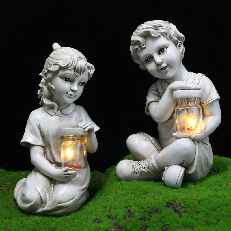 

Kid With Solar Lights Garden Decoration Outdoor Statue Resin Jar Boy Girl Whimsical Flowerbed Yard Sculpture Decor