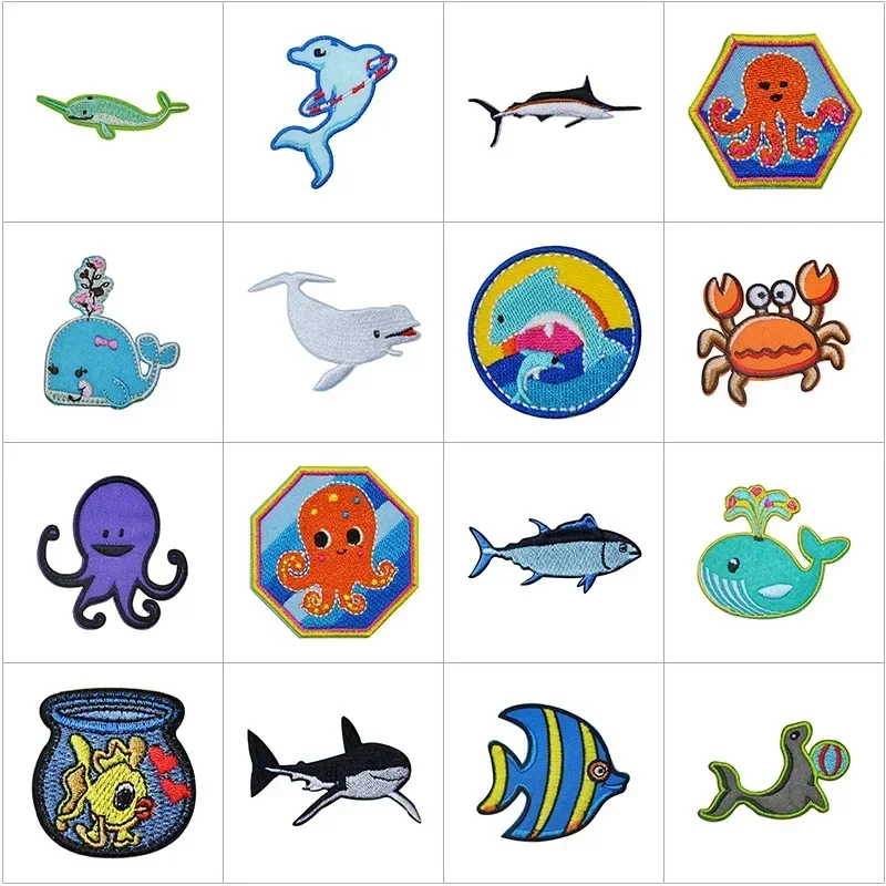 Childlike Marine Animals Embroidery Iron on Patch Cartoon Fish Dolphin Crab Lobster Thermoadhesive Appliques for Kids Clothing