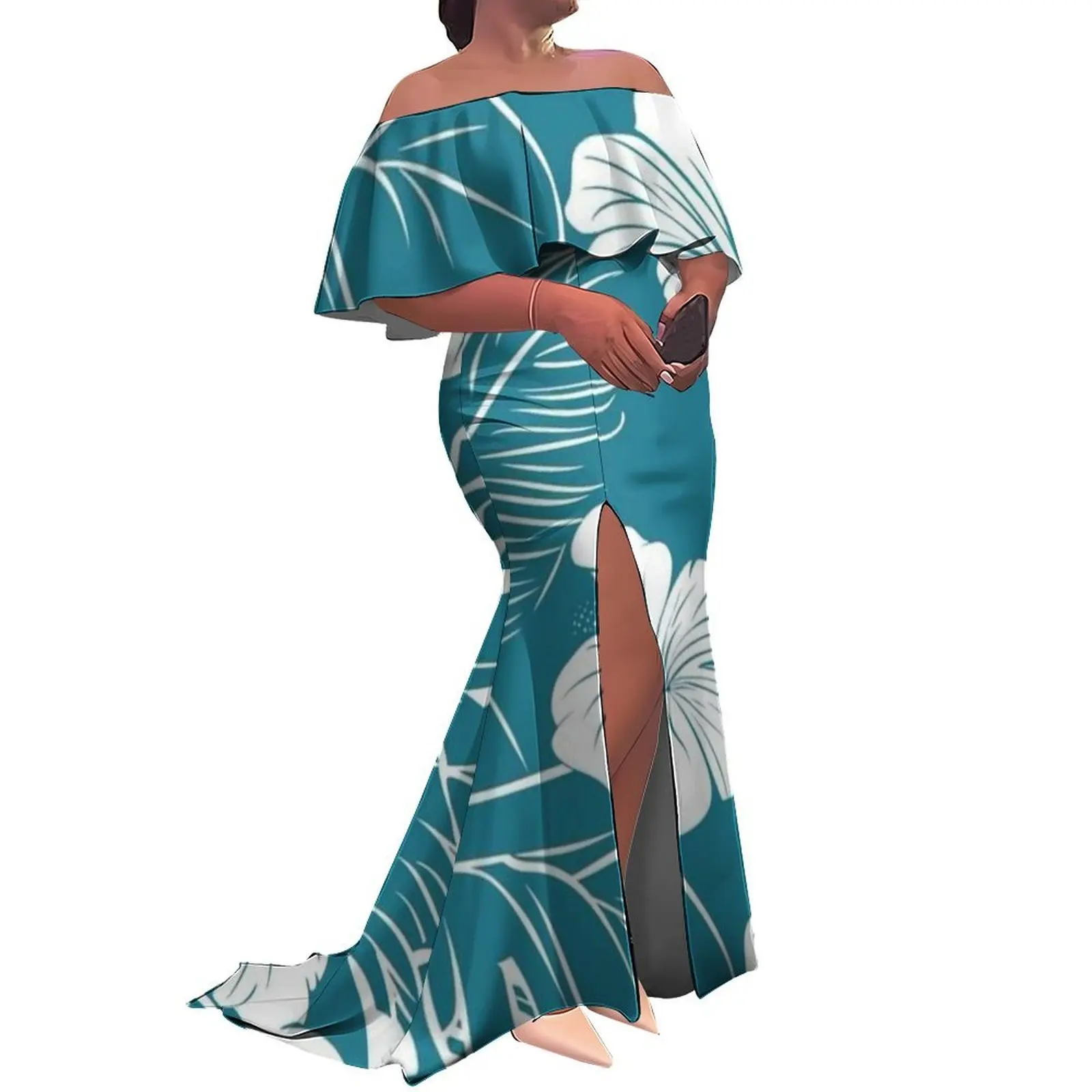 

Summer Lotus Leaf Collar Long Form-Fitting Floor-Length Slit Women'S Dress Polynesian Hibiscus Design Evening Dress