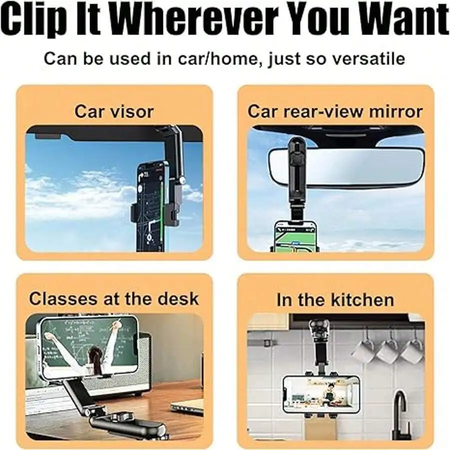 

Multifunctional Adjustable 360° Rotatable Phone Holder For Car Visor Rearview Mirror Desk Kitchen
