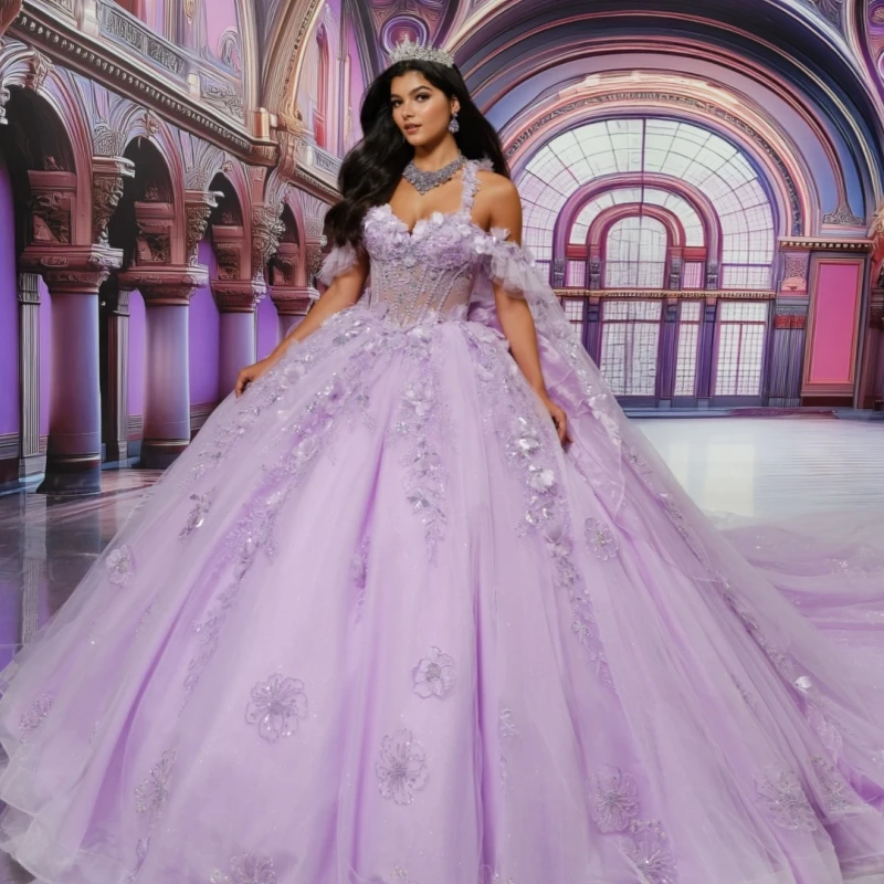 

Lilac Shiny Ball Gown Quinceanera Dresses 2026 Applique Flower Beading Crystal Corset Tull Off Shoulder Sweet 16 Dress Vestidos