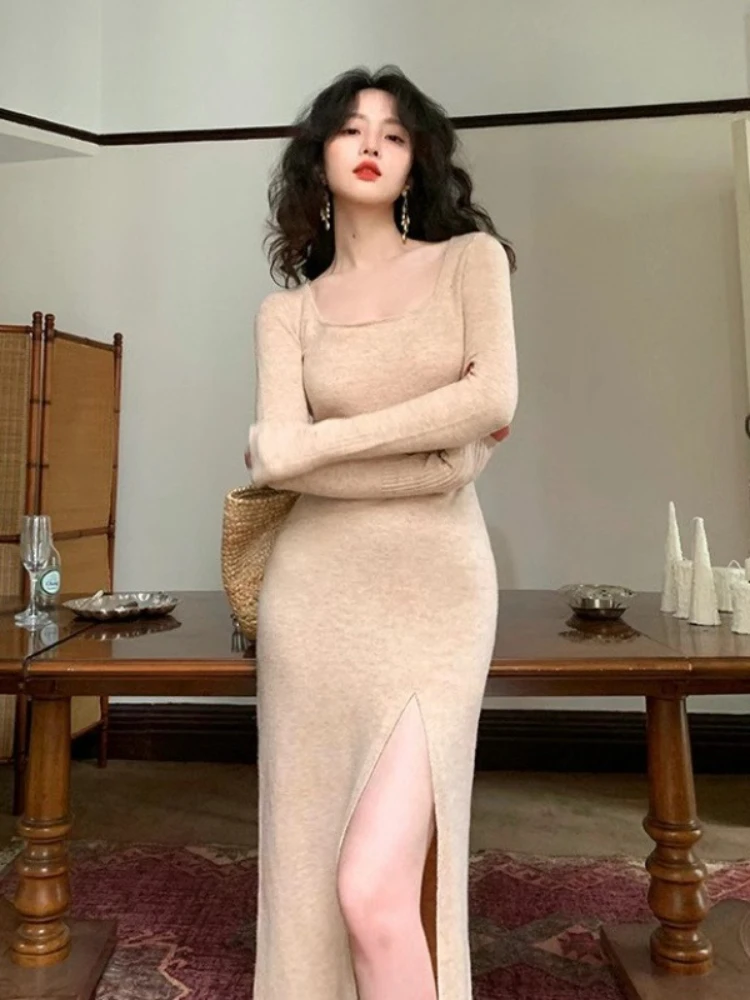 Knee Length Party Prom Bodycon Woman Knitted Dress Elegant Korean Fashion Harajuku Loose Retro Kpop Crochet Dresses for Women