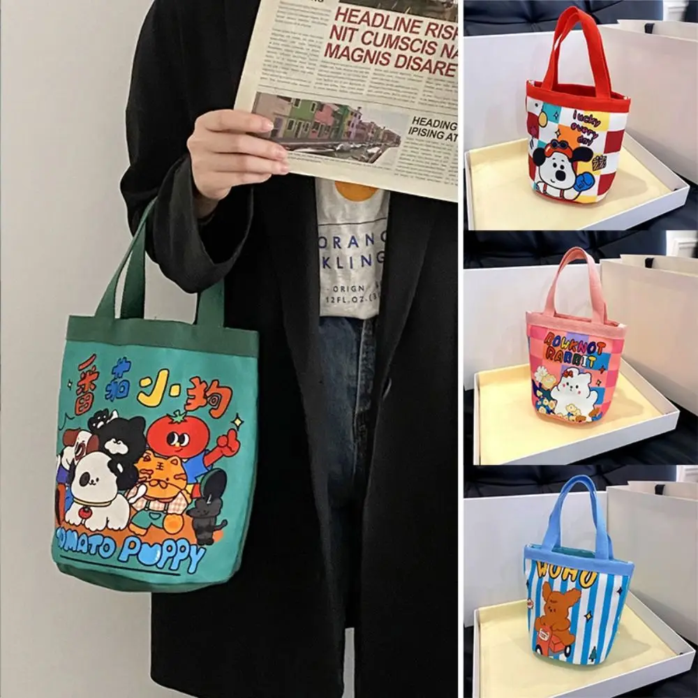 Lovely Cartoon Printed Graffiti Bucket Bag Cylinder Canvas Lunch Bag Students Carry Women Handbag