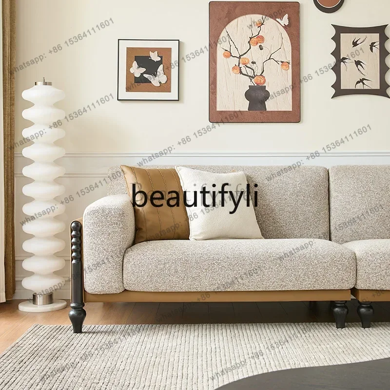 Customization French Retro Fabric Living Room Mid-century Style Straight Cotton Linen Three-seater Sofa