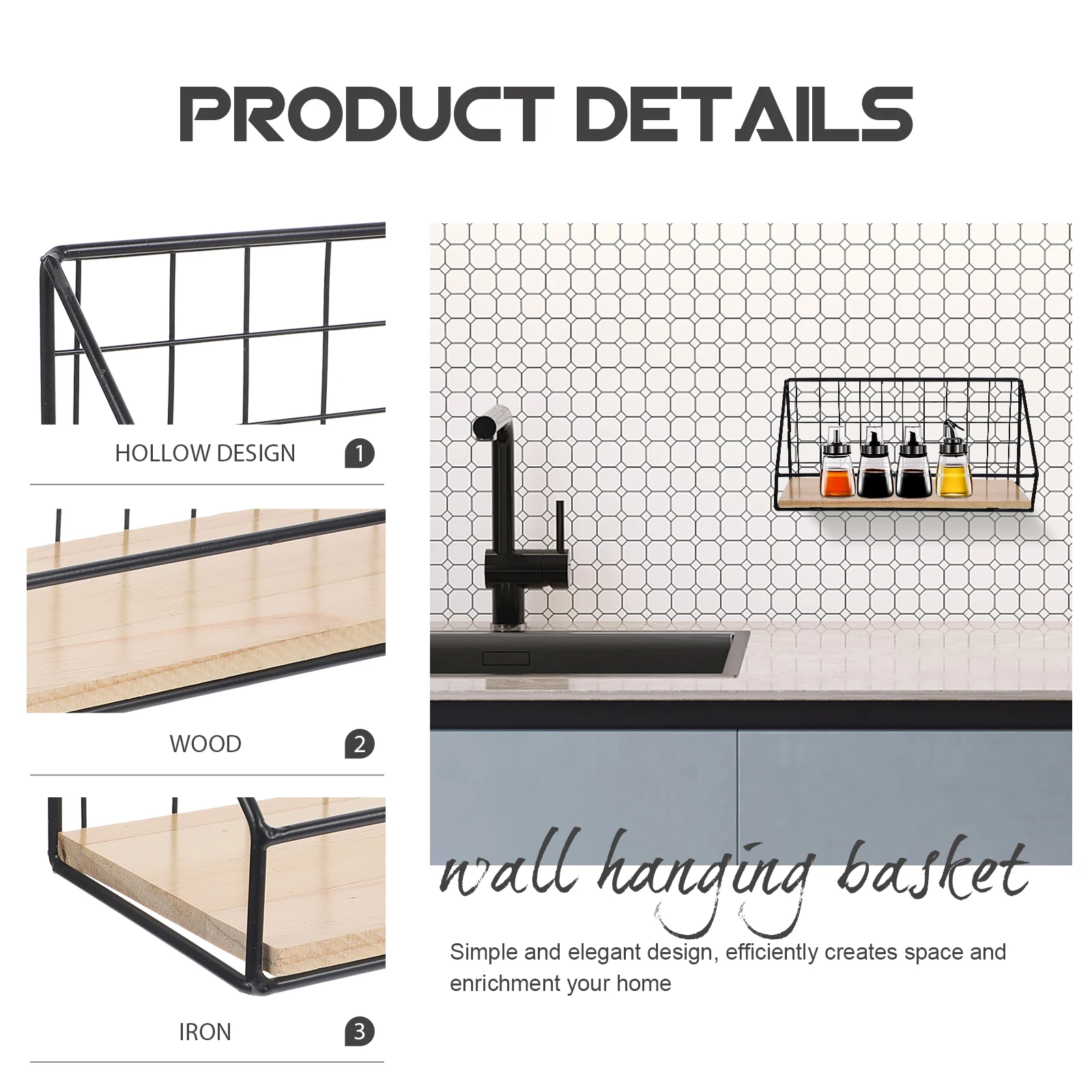 

Настенный стеллаж для хранения, полки, подвесная корзина, бамбуковый органайзер, высококачественный деревянный железный материал, аксессуары для кухни и ванной комнаты