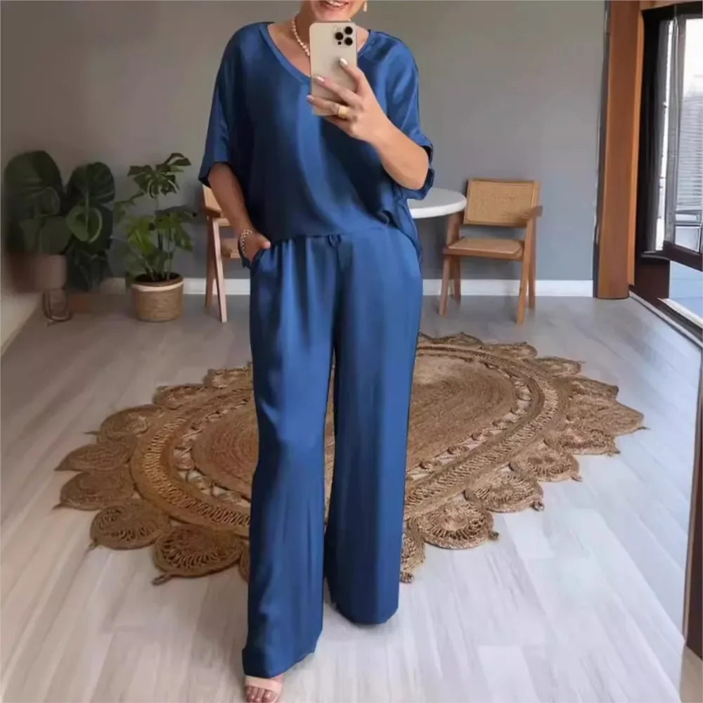 Elegant Solid Color Satin Women Suit 2024 Summer Autumn Short Sleeves Loose T-shirts Elastic Waist Wide Leg Trousers 2 Piece Set