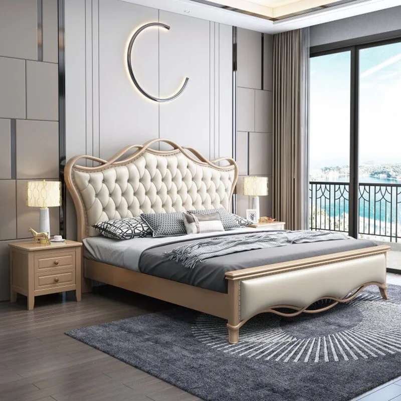 modern simple wedding bed light luxury master bedroom  American soft bag solid wood bed 1.8 meters double кровать furniture