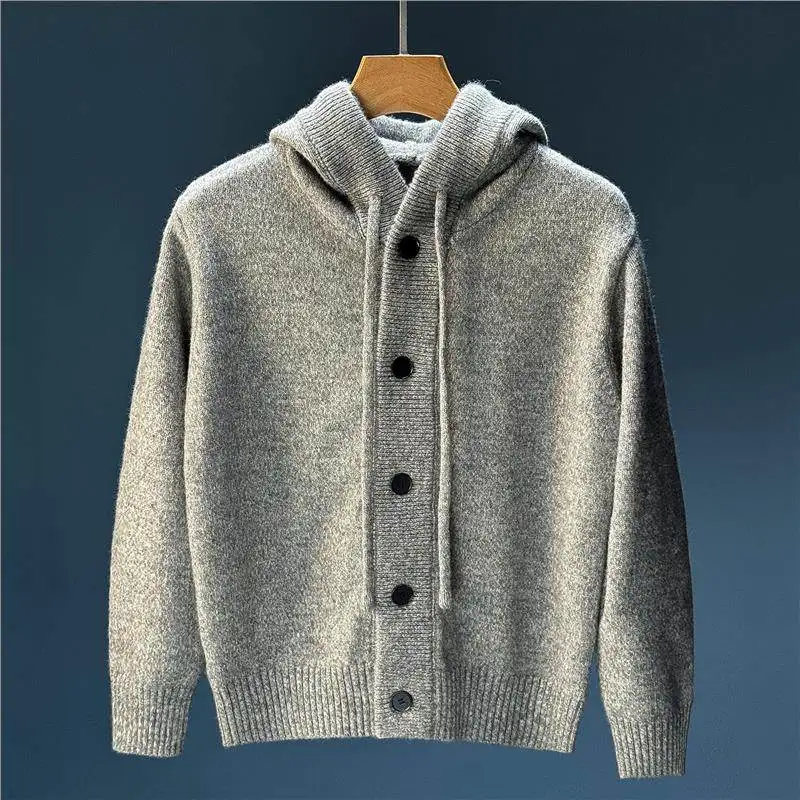 

Thiened Knitted Hooded Open Cardigan Long Sve Men's Casual Loose Design Winter Outerwear Buttoned Youth Faionable