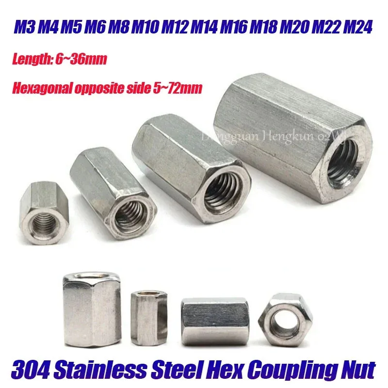 

1-10pcs/lot Hex Coupling Nut M3 M4 M5 M6-M24 Threaded Rod Connectors Spacer Coupler Joint Sleeve Extension Nut Screw Bolt Spacer