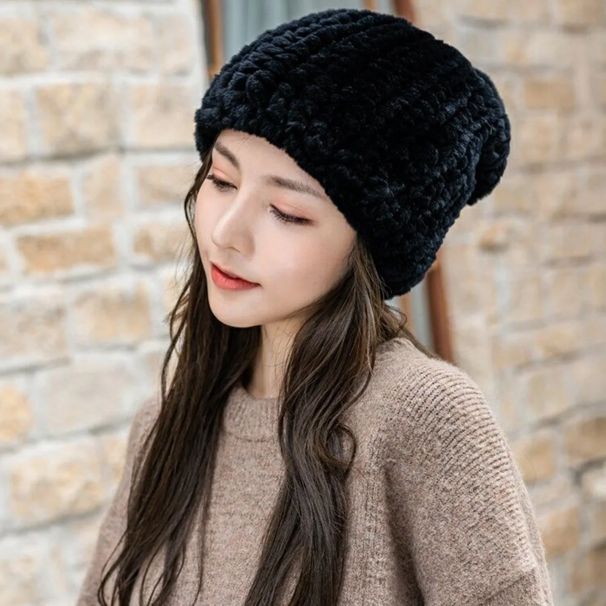 

New Natural Rex Rabbit Fur Hat And Fur Ball Winter Accessories Hot Sale Winter Warm Rabbit Fur Hat FEIMANYUAN