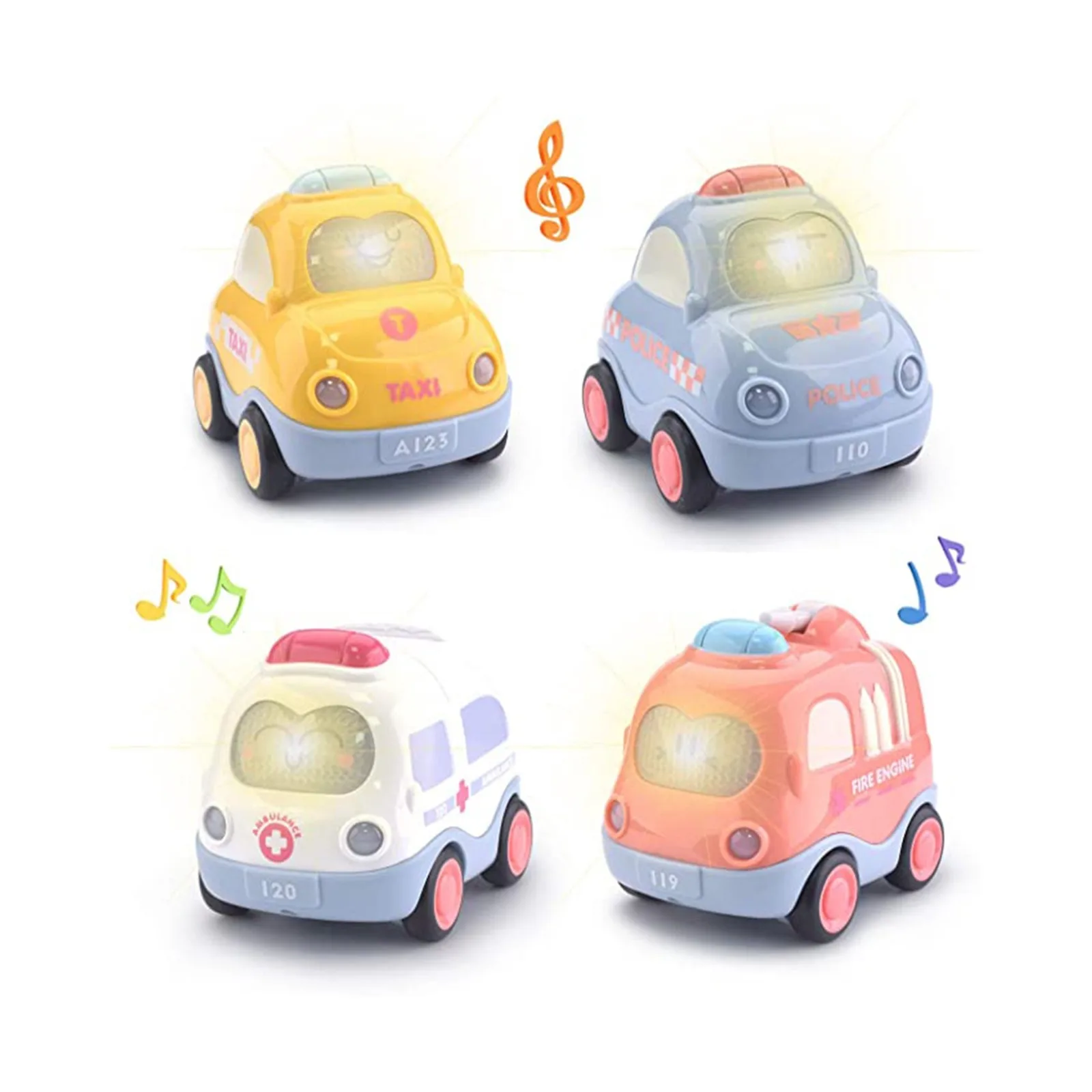 Pull Back Vehicle Toy Toddlers Cars with Lights & Sound, Police Car, Ambulance, Fire Truck, Taxi Birthday Party Gifts Toy