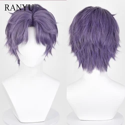 RANYU Synthetic Short Straight Purple Men Wig Middle Part Anime Game Cosplay Fluffy Hair Heat Resistant Wig for Party